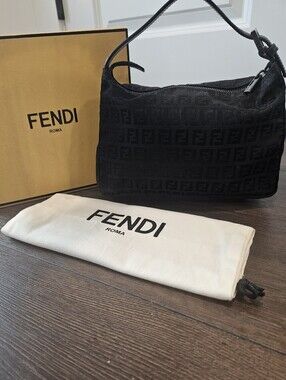 Authentic Fendi Black Zucchino FF Monogram Nylon Bag w/ Dust Bag & Box